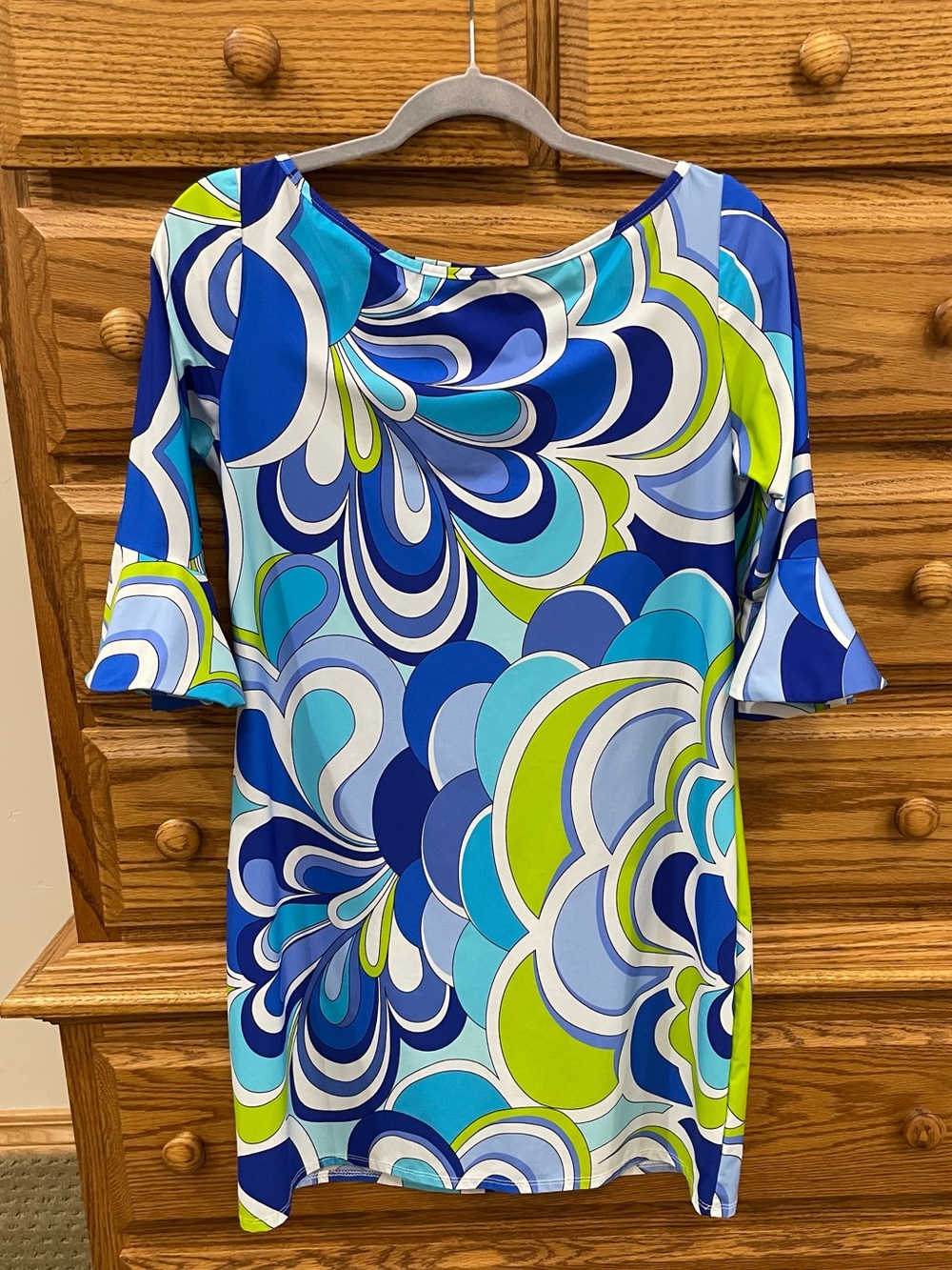 Tara Grinna L Blue Multi-Pattern Boatneck Tunic Dress w/Flutter Sleeves NWOT